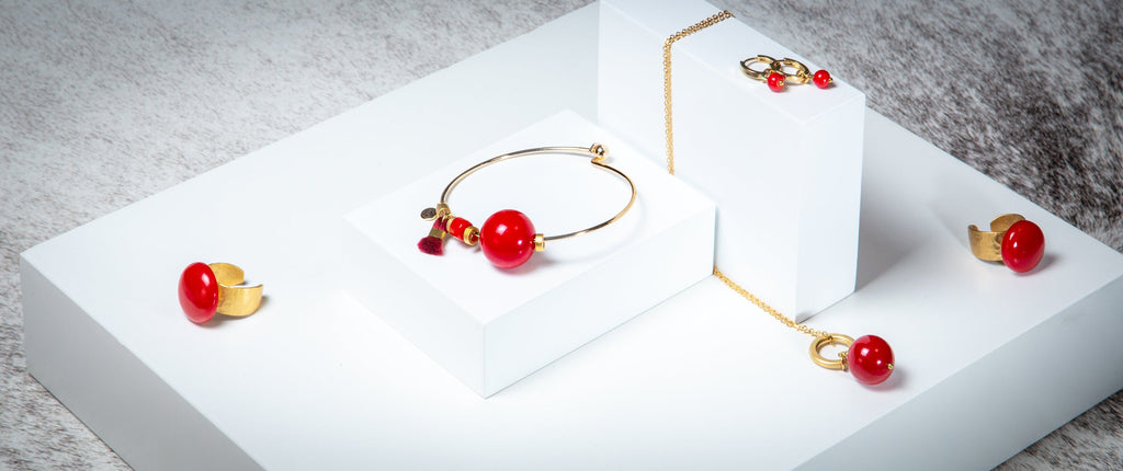 Coralina Red Coral Gold Plated Ring Pendant Earrings Bangle