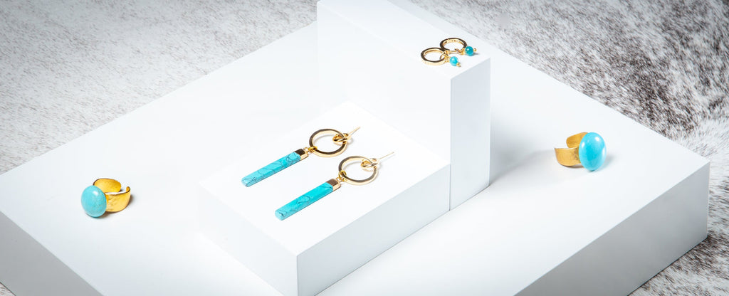 Turquesita Blue Howlite Howlithe Gold Plated Ring Earrings